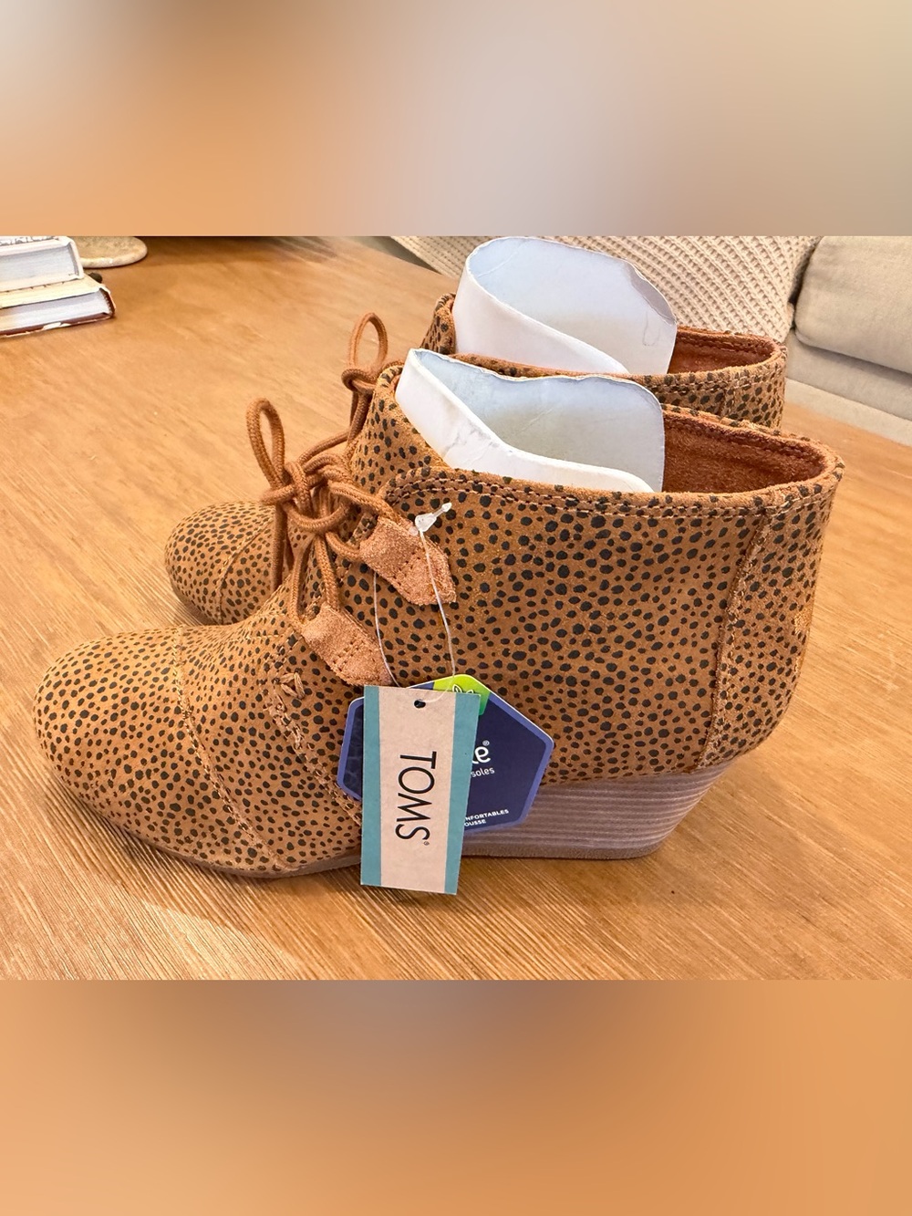 Toms Tan Cheetah-Print Lace-Up Wedge Ankle Boots